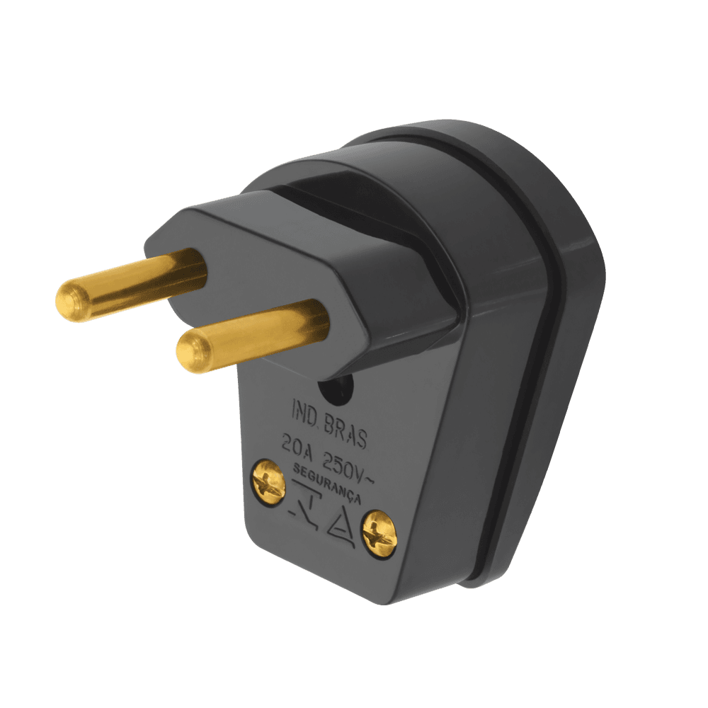 Plugue 2P - Saída Lateral 90º - 20A/250V~ - Com Prensa Cabo - Preto - Sobrepor